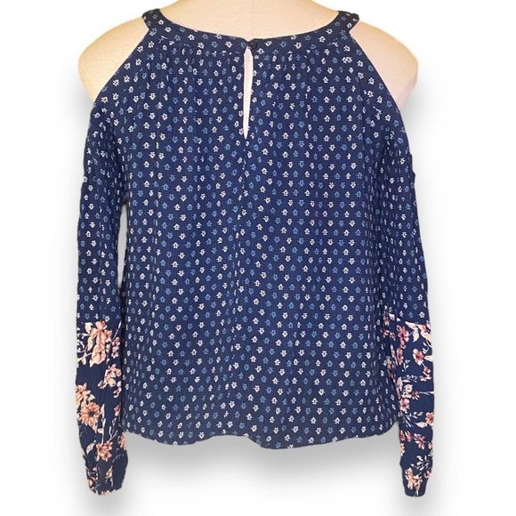🎈 Mossimo Supply Co Navy Floral Cold Shoulder Long Sleeve Blouse Top Size XS - Picture 6 of 10
